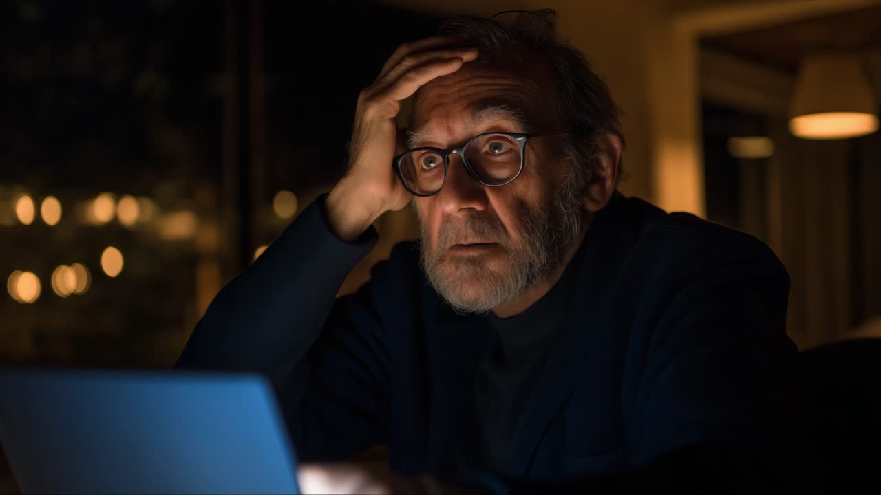 Elderly man looking concerned at laptop screen