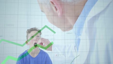 animación del procesamiento de datos sobre un médico caucásico y un niño paciente en el hospital