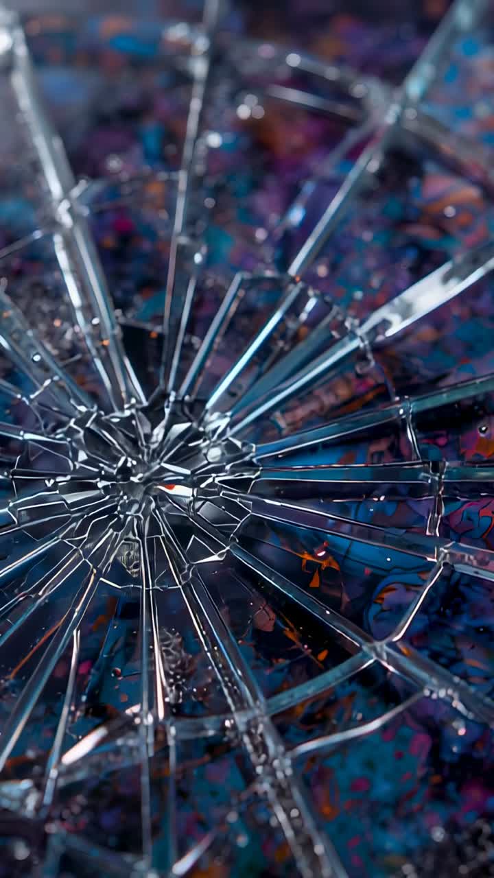 Vertical video: Shifting cam showing radial cracks on glass disc on table, drops, glitter for study