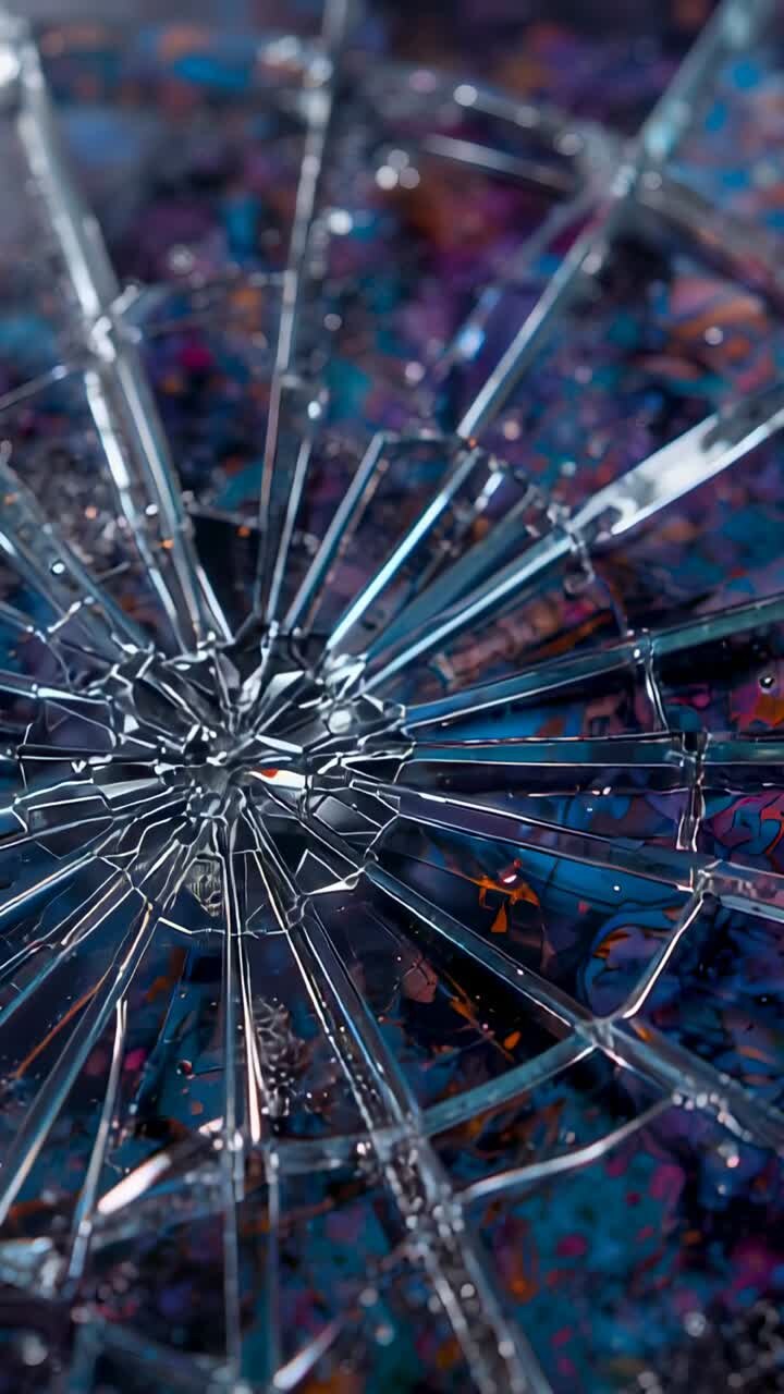 Vertical video: Shifting cam showing radial cracks on glass disc on table, drops, glitter for study