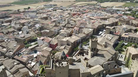 medieval town of olite in spain on a warm sunny day, drone view, high angle