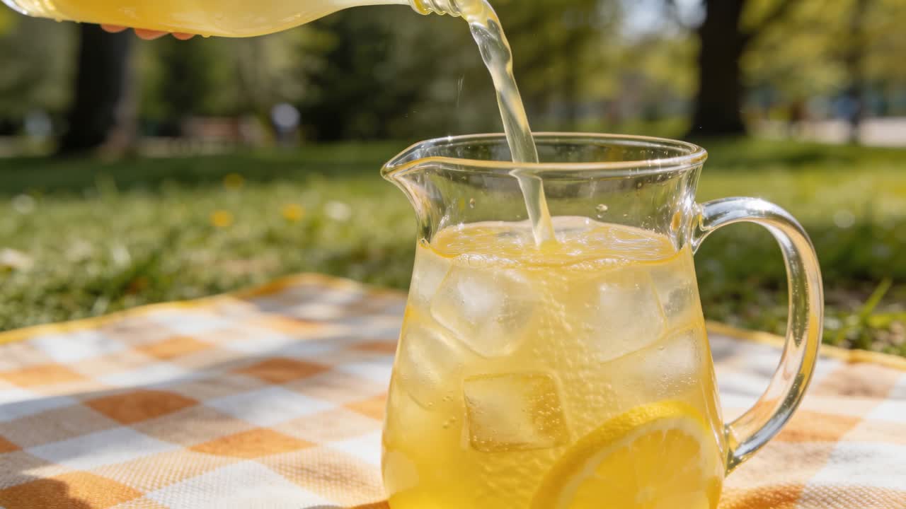 Vertikal video: Hånd vipper flaske, hælder lemonade i kande, is og citron, forbereder picnic
