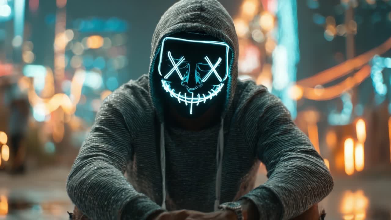 Una figura mascherata cattura l'attenzione in un paesaggio urbano vibrante e illuminato al neon, mostrando un sorriso luminoso unico che aggiunge un'aria di mistero e intrigo alla scena.