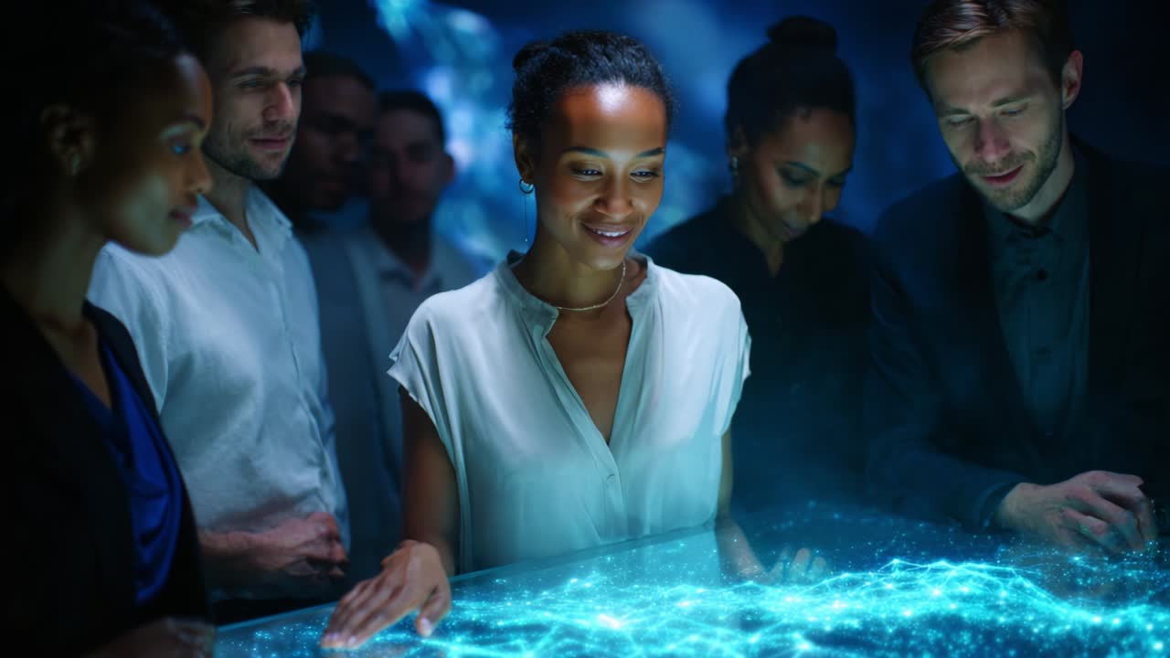 A group of diverse individuals engage in an interactive digital experience, captivated by a glowing holographic display that projects vibrant data and creative visuals using cutting-edge technology