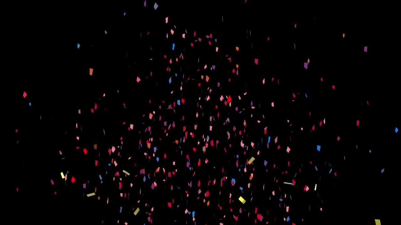 Animation of golden and colorful confetti falling against copy space on black background