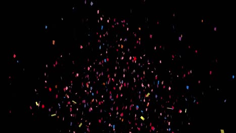 Animation-of-golden-and-colorful-confetti-falling-against-copy-space-on-black-background