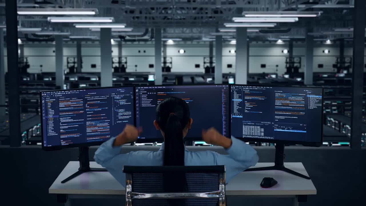 Woman Celebrating Coding Success in Server Room