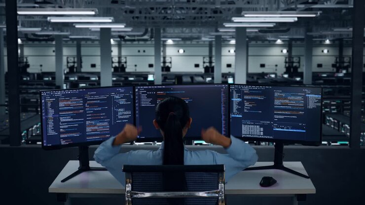 Woman Celebrating Coding Success in Server Room