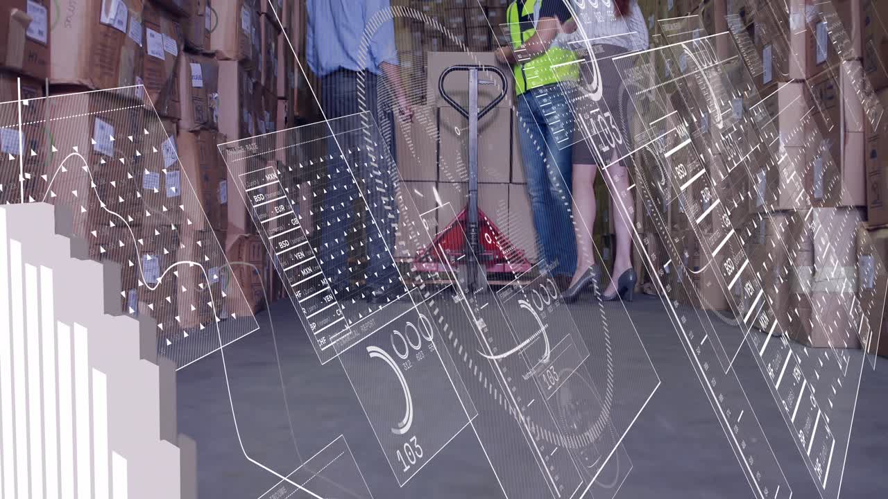 Warehouse staff adjusting jack and tapping tablet causing AR data panels shifting ensuring safety