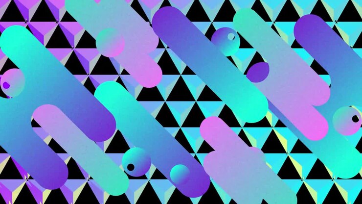 Colourful curved shapes moving on reflective grid