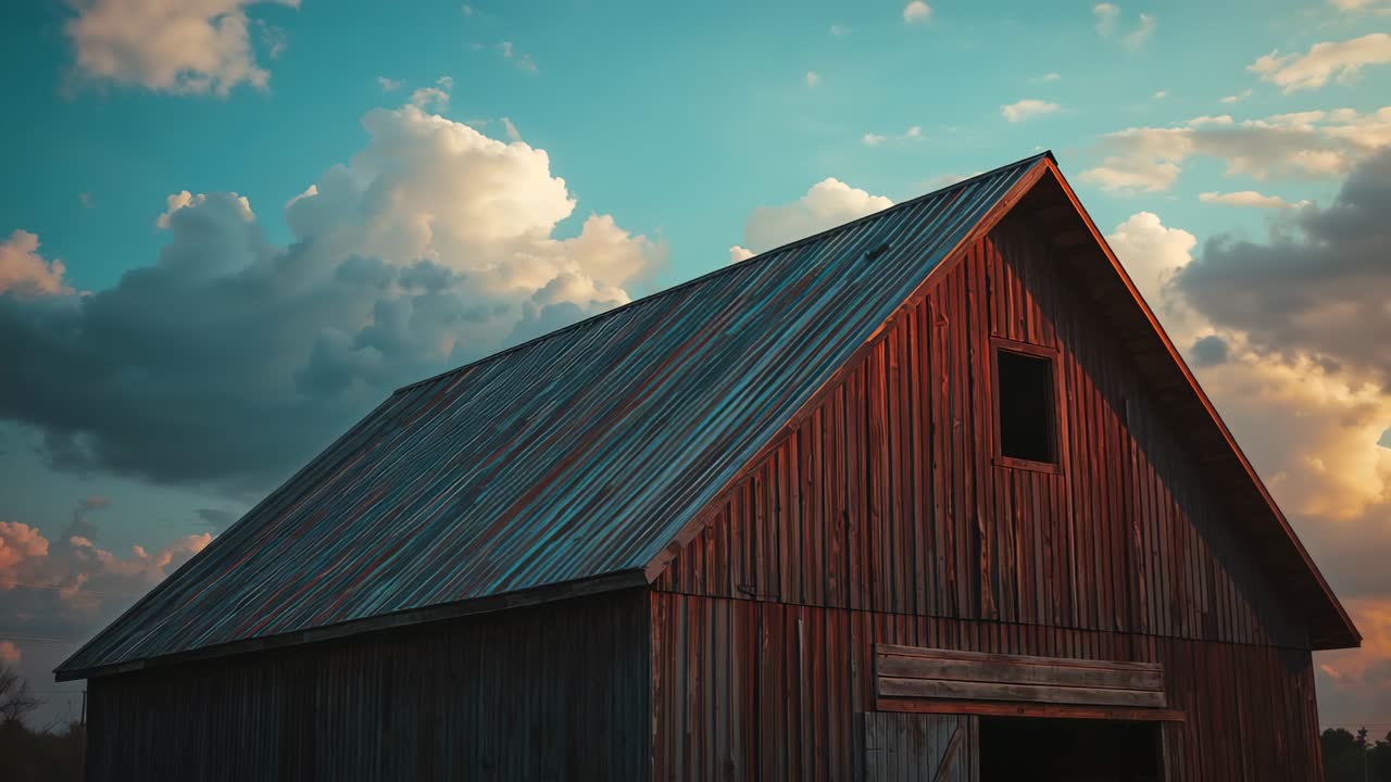 Stationary camera capturing red barn on farm during golden hour, showcasing metal roof and clouds