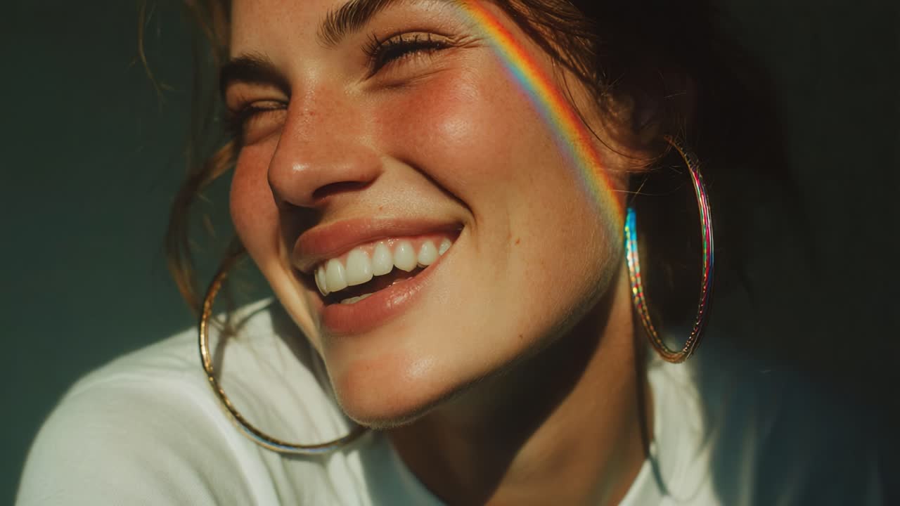 The Joyful Moment Captured: A Radiant Smile Illuminated by a Colorful Rainbow, Showcasing Natural Beauty and Happiness in Everyday Life, Reflecting Positivity and Joy in the Atmosphere