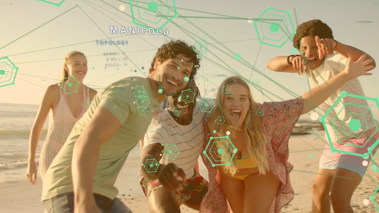 Six friends are gathering on golden-hour beach in flat design, showing MANIFOLD HUD hexagons