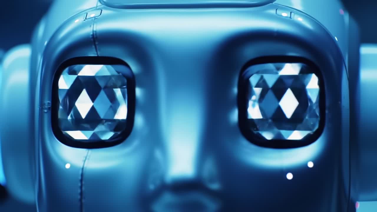 Exploring the Intriguing Details of a Futuristic Robotic Face with Glowing Gemlike Eyes, Capturing the Essence of Advanced Technology and Artificial Intelligence