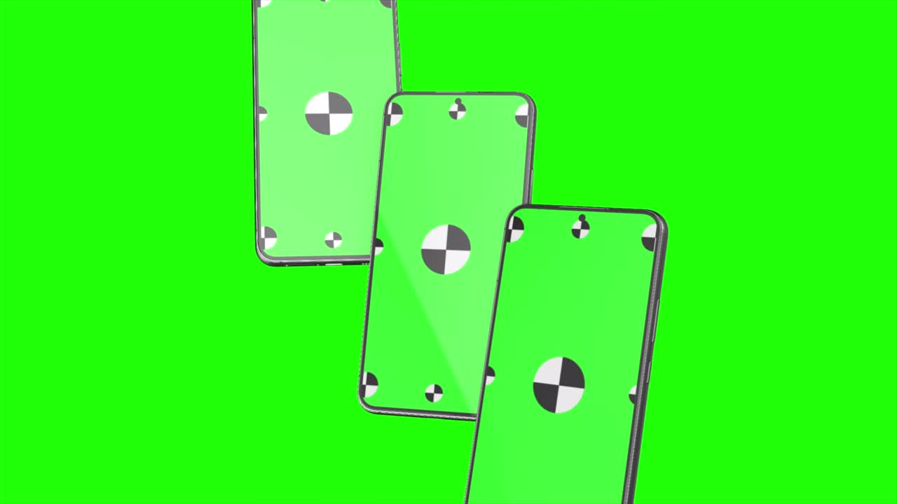 3D render of three smartphone with a green background. Rotating in screen. With a green screen for easy keying. Computer generated image. Easy customizable.