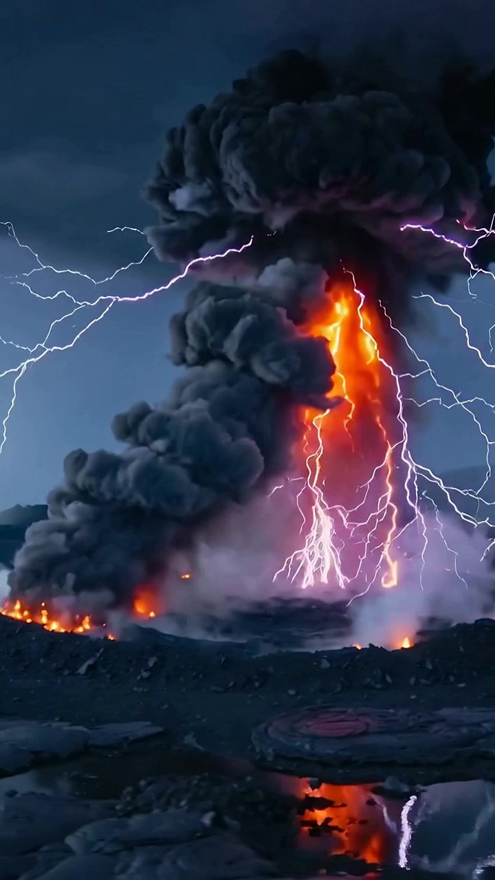 Video verticale: Pennacchio eruttivo che si alza da una fessura su lava costiera, che espelle lava fusa con fulmini