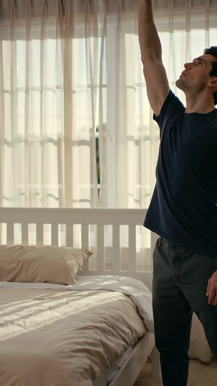 Man performing morning stretches in a sunlit bedroom