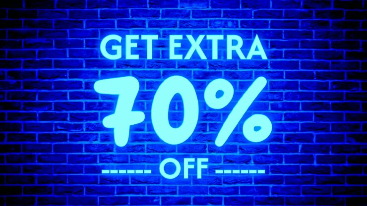 Luce al neon con testo 'Ottieni un ulteriore 70% di sconto' in casella, animazione moderna di banner, motion graphics su sfondo muro di mattoni