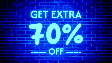 Neon-light-Get-Extra-70-percent-off-text-box-modern-banner-animation-motion-graphics-on-brick-wall-background