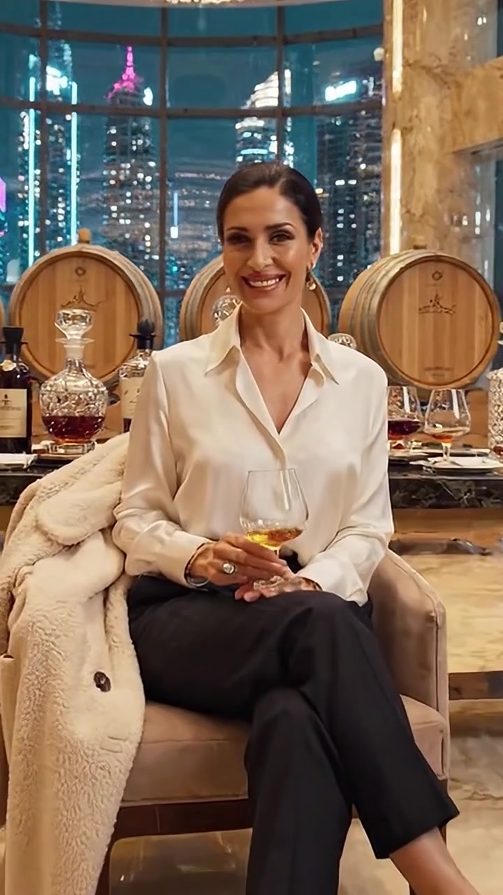 Mulher Elegante Apreciando Uísque em um Ambiente de Bar Luxuoso com Barris Decorativos e Vistas da Cidade Através de Grandes Janelas à Noite.