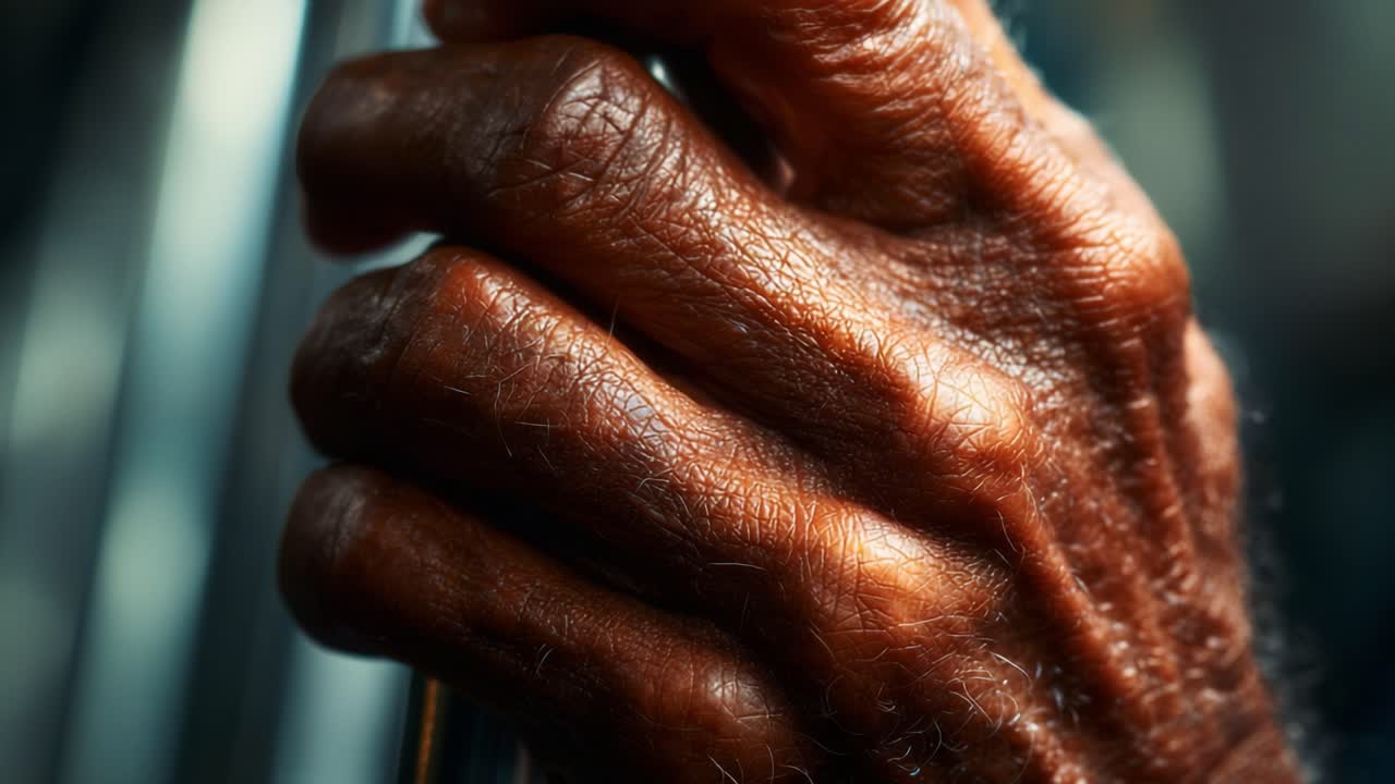 A Close-Up View of an Elderly Hand Grasping a Metal Bar, Reflecting Strength and Resilience in Each Wrinkle and Line, Capturing the Essence of Age and Experience in Every Detail