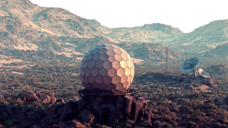 a futuristic radar dome in a desert mountain range