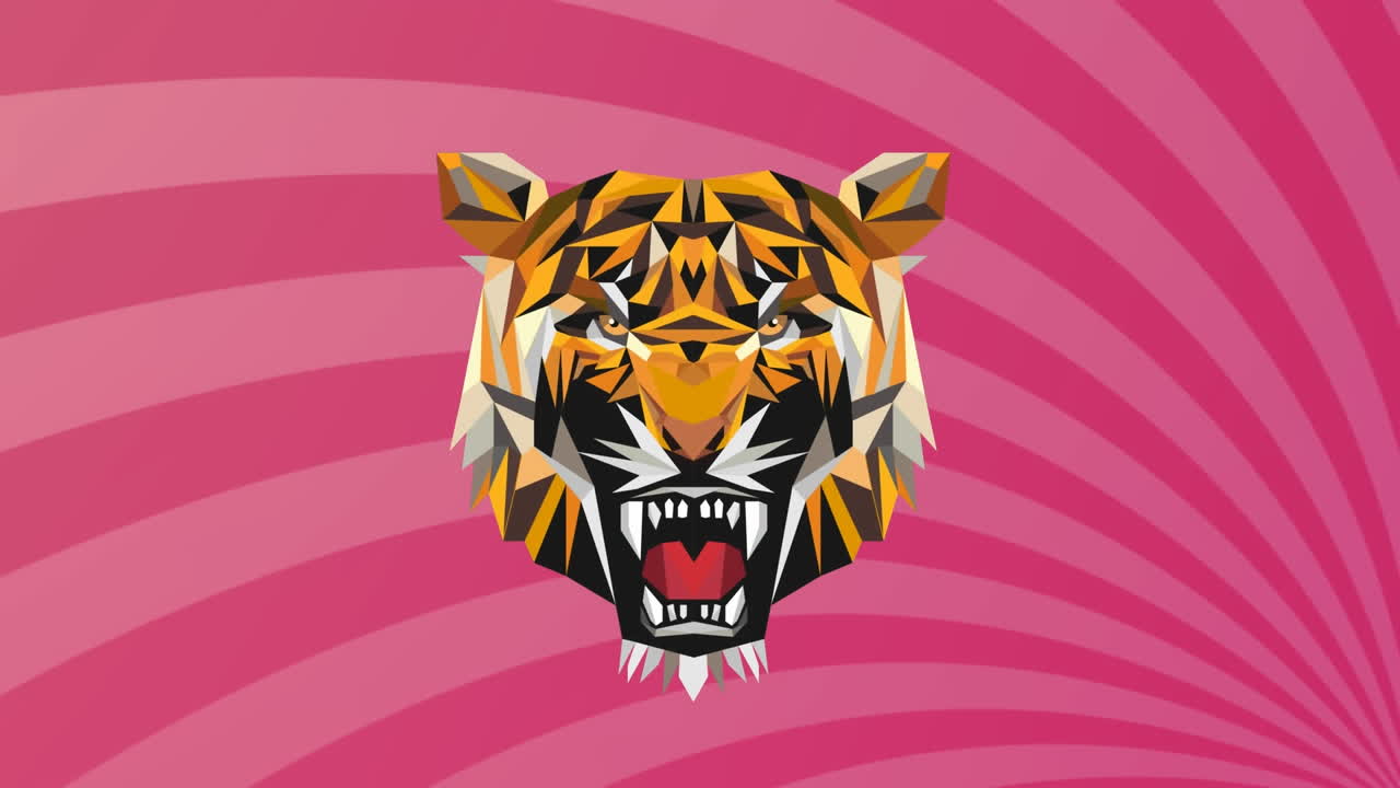 Animation of tiger face icon against radial rays in seamless pattern on pink background