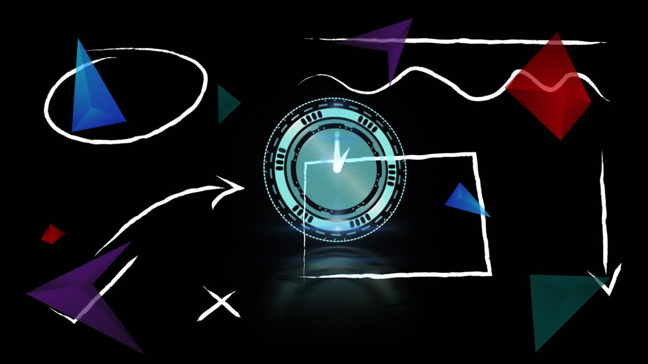 Animation of clock moving and shapes on black background