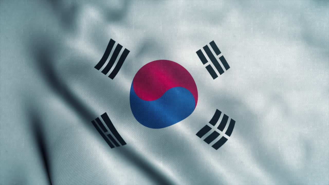 바람에 흔들리는 한국 발, 한국의 국기, 한국의 상징, 이 없는 루프 애니메이션, 4k