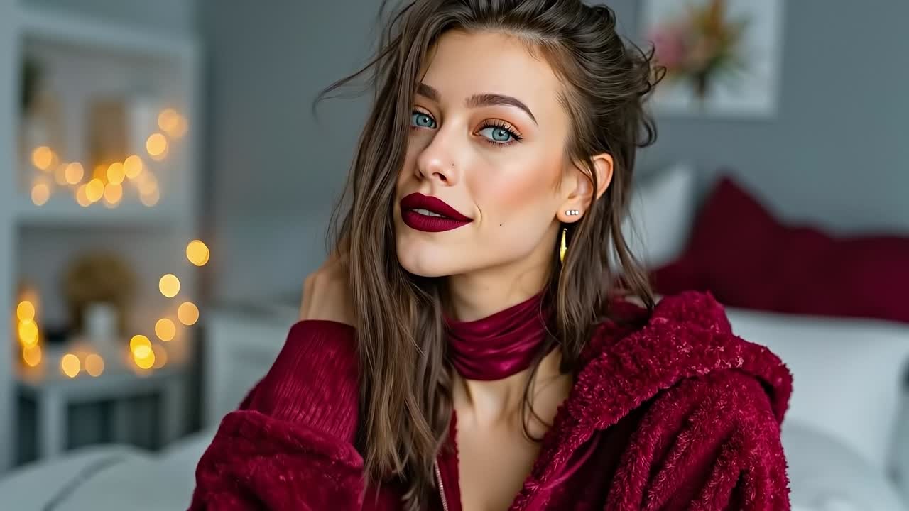 una mujer con una bata roja sentada en una cama