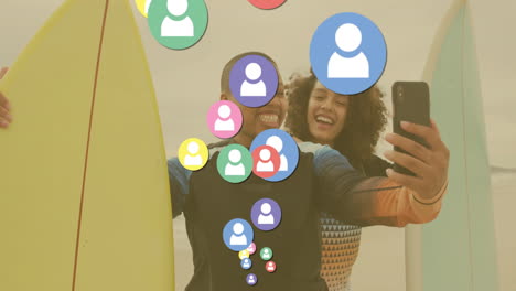 taking selfie, people with colorful user icons floating around them, animation style