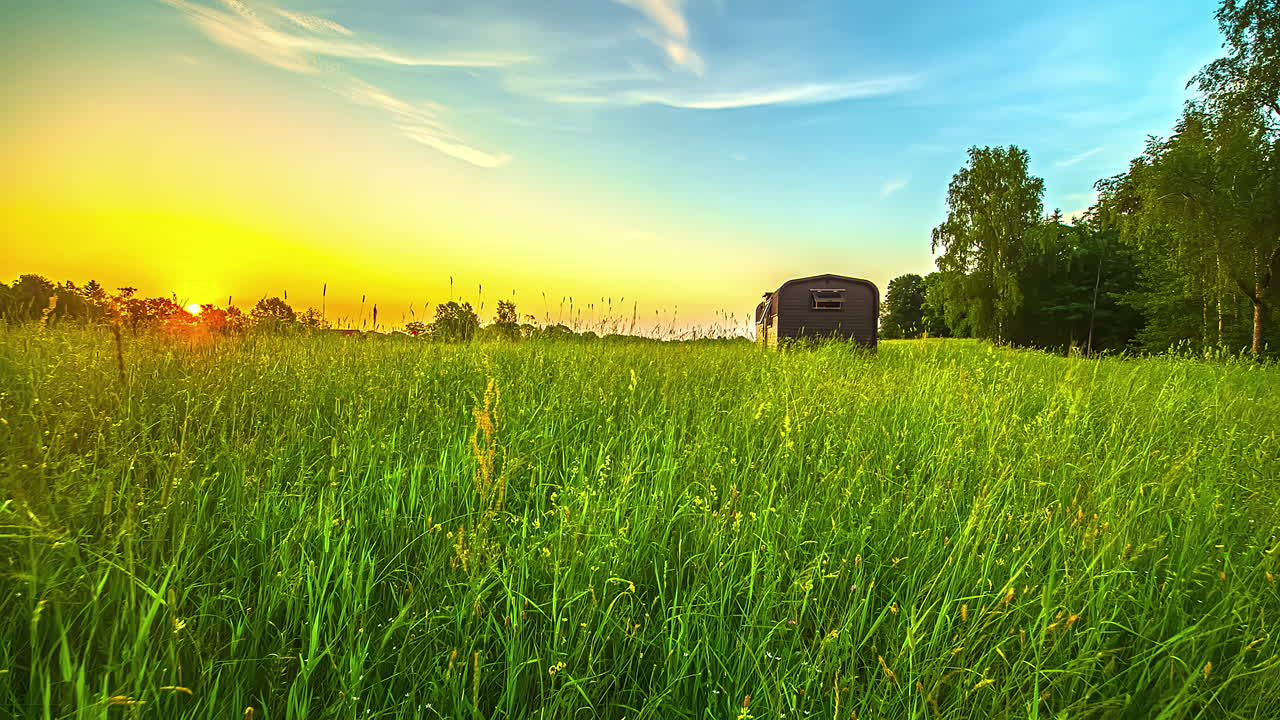시골에 있는 농장 근처의 파란 하늘을 배경으로 아름다운 부드러운 노란색 분위기의 일출