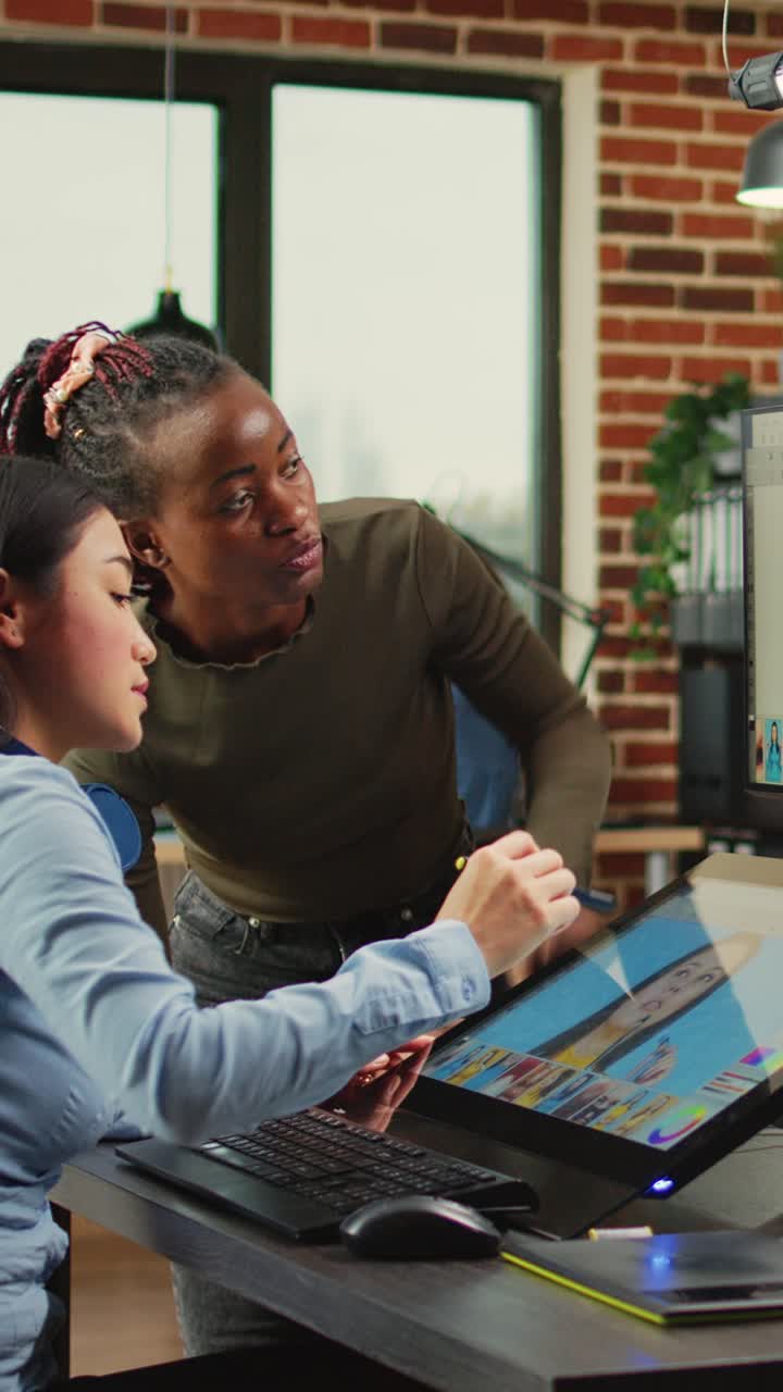 Vertical video: Diverse photo editors retouching pictures with editing software