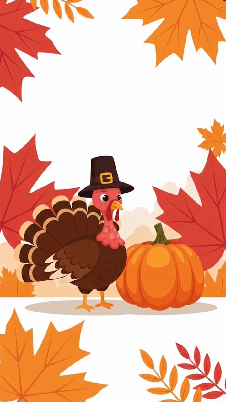 Thanksgiving Turkey Cartoon with a Pilgrim Hat and a Pumpkin