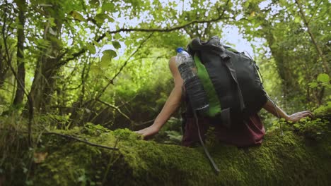 tourist with backpack walking up on hill