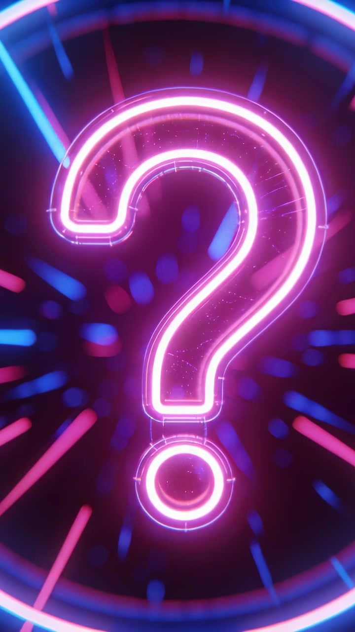 Vertical video: Neon question mark pulsing, frames playing causing ring streaks sparks for tech ads
