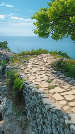 coastal path to turquoise waters. a winding stone path meanders along a rocky coastline under a blue sky, with a tree providing shade.