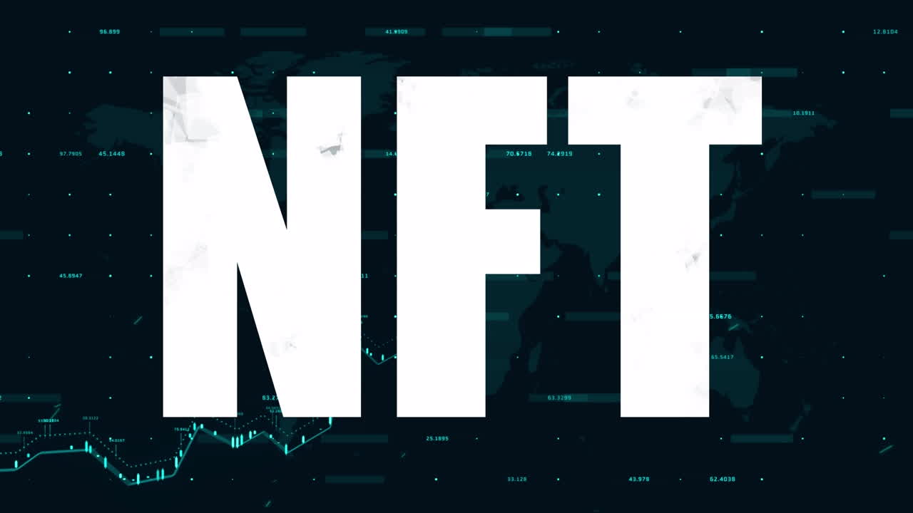 Animazione di NFT su un grafico e uno sfondo nero.