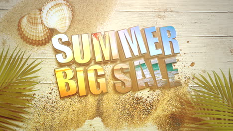 animated closeup text summer big sale and sandy beach