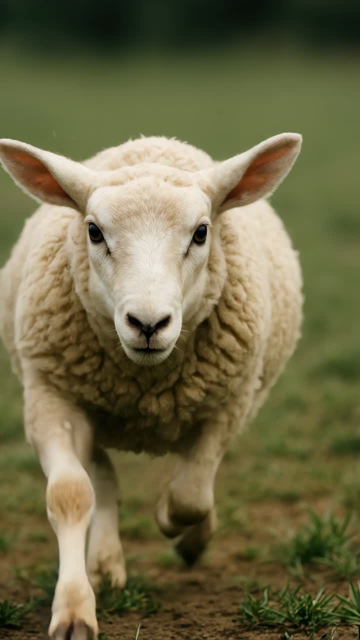 Close-up video shot of a sheep running towards the camera at eye level, capturing its fluffy texture