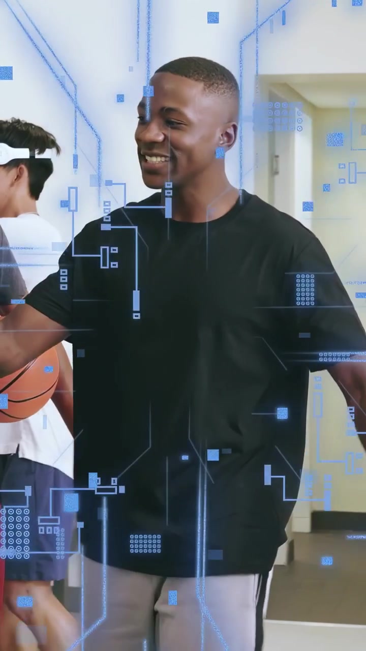 Vertical video: Player spinning ball arriving greeting warming in locker room blue overlays on team