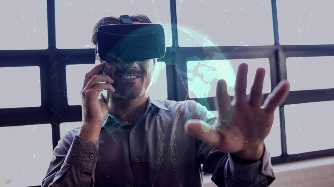 Using virtual reality headset and smartphone, man interacting with digital globe animation