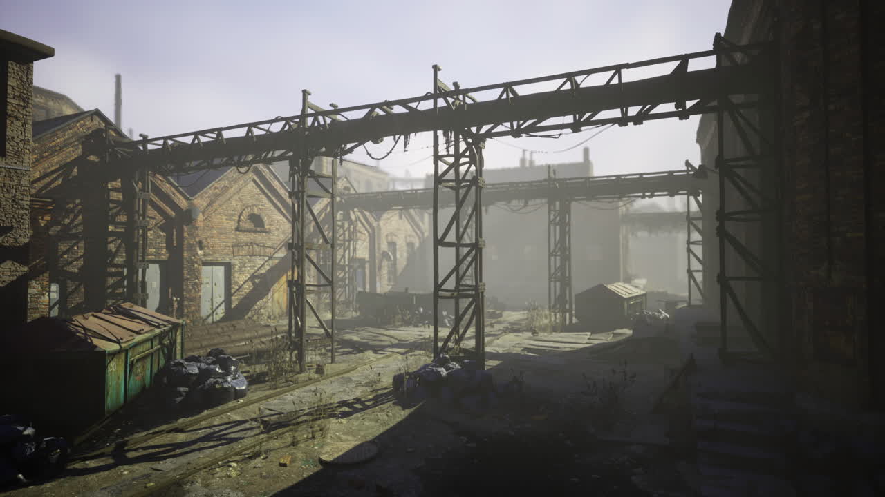 Urban landscape reveals remnants of industry in misty morning light