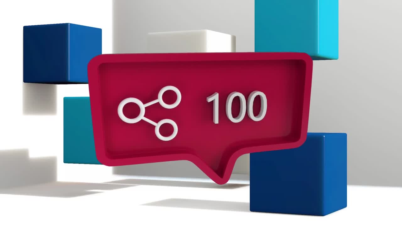 animación del icono de intercambio de redes sociales con un número creciente sobre cubos azules sobre fondo blanco.