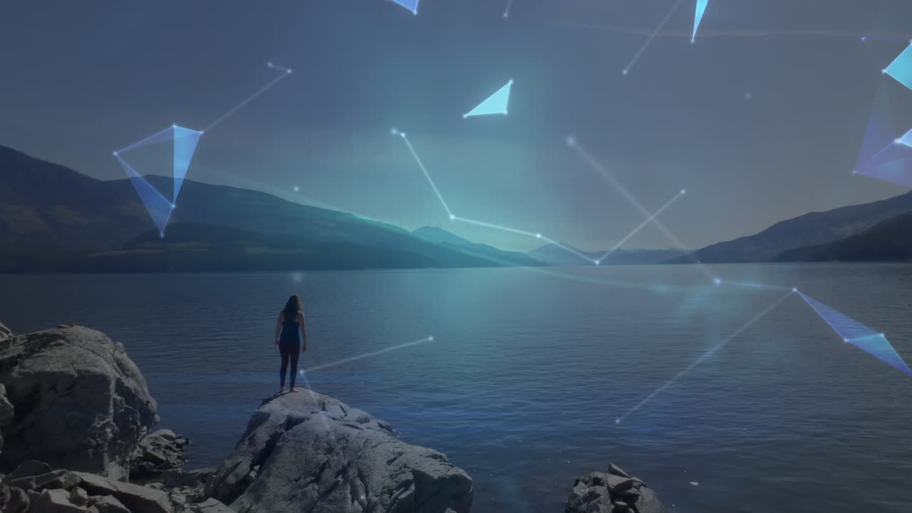 animación del globo y conexiones sobre mujer caucásica practicando yoga en el mar