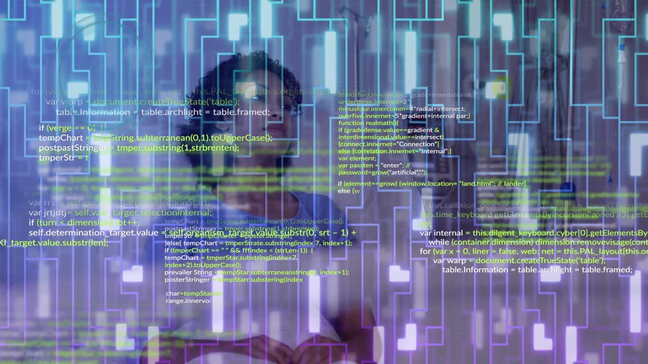 Person looking at digital code and data processing animation overlaid on screen