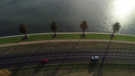 smooth parallel tracking shot following traffic and isolated runner exercising on albert park lake facilities, melbourne, australia.