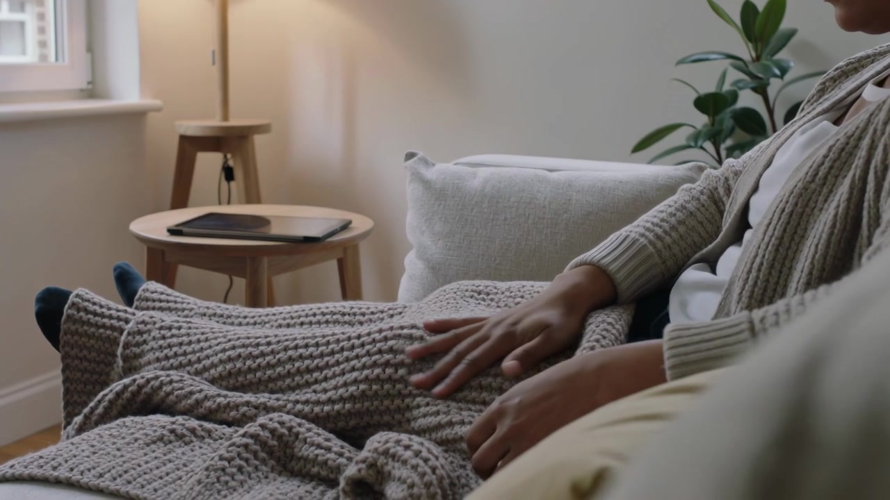 Donna che si accomoda, indossando un cardigan e calzini scuri, mentre liscia una coperta spessa su un divano chiaro in soggiorno.