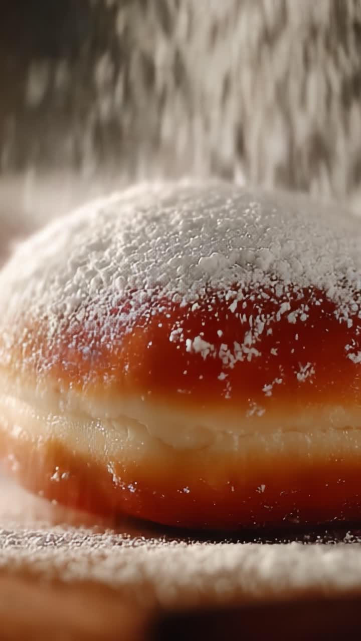 Ein köstlicher Einblick in ein weiches, fluffiges Gebäck, das großzügig mit Puderzucker bestreut wird, um seine Süße und optische Attraktivität für Dessertliebhaber zu verbessern.