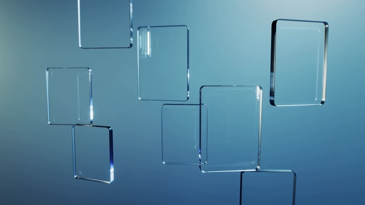 Swaying glass panes from studio breeze in blue gradient backdrop, revealing specular highlights